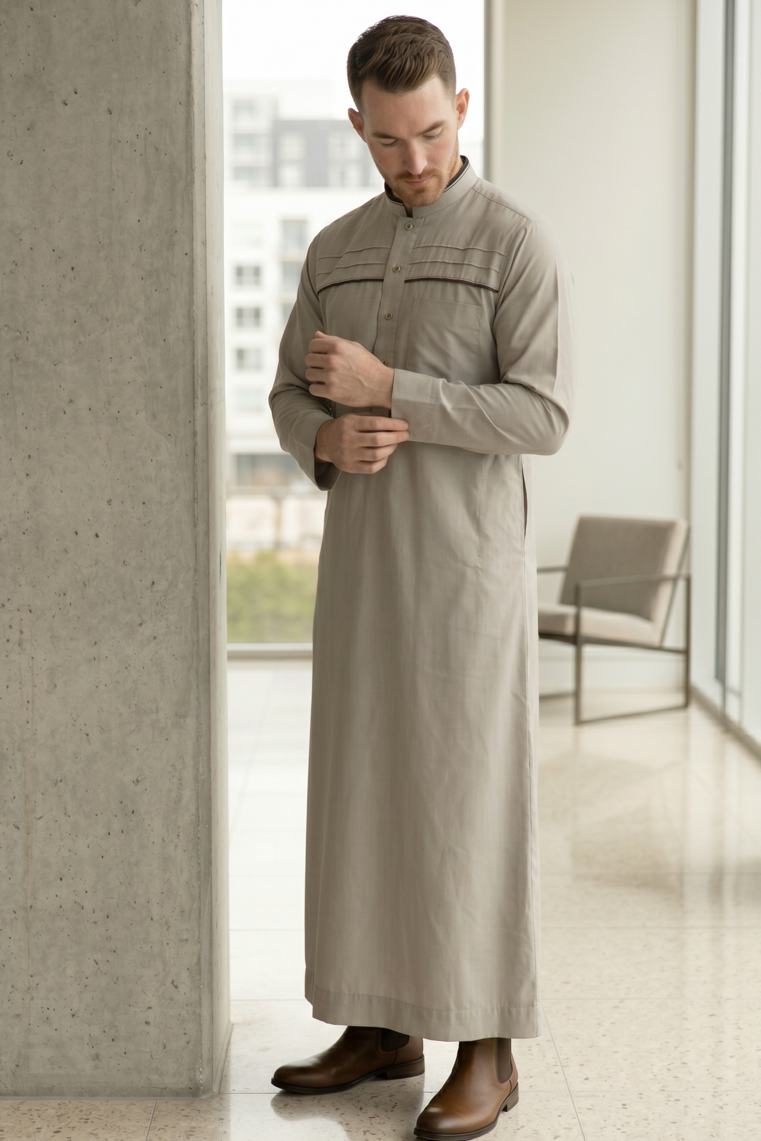 Stylish-Plain-Thobe-Warm-Grey-For-Men